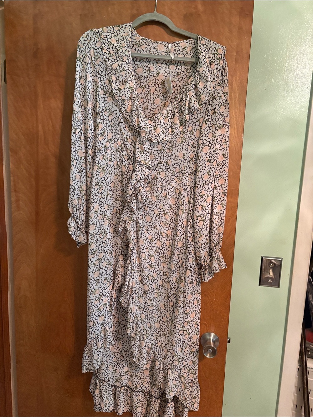 Free People Cream Floral Ruffle Maxi Dress with Black & Pink Accents